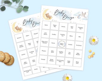 Boy Baby Shower Bingo • 100 druckbare Karten • Vorgefülltes Geschenk Eröffnungsspiel • Blaues Thema