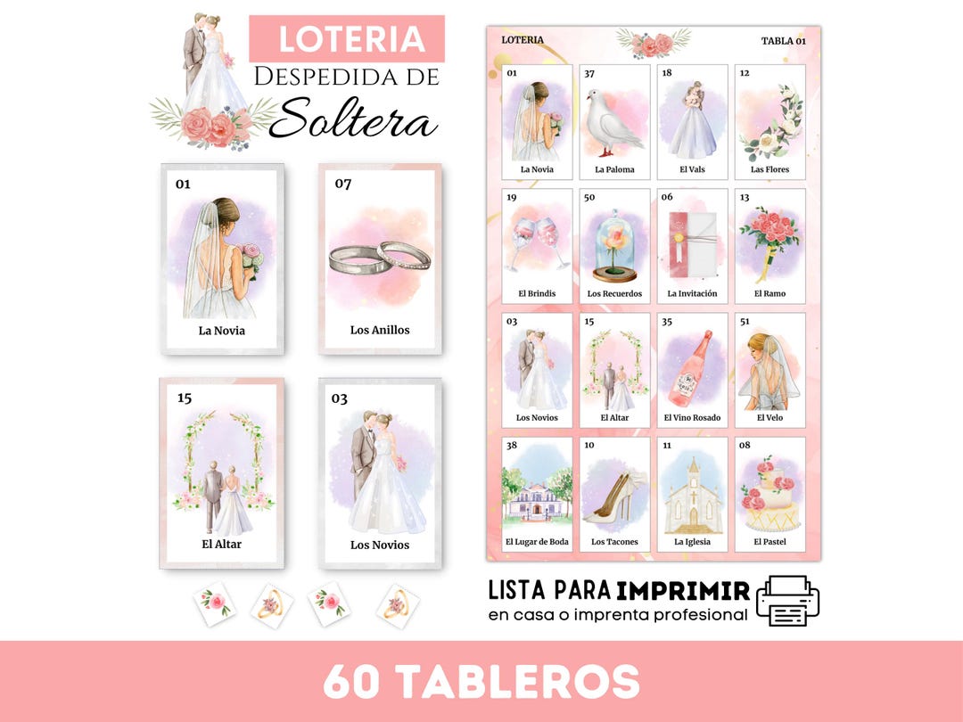 Loteria Despedida de Soltera: 60 Tableros, Bingo Temática de Boda