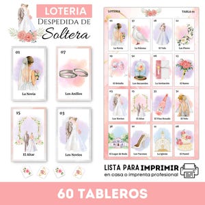Loteria Despedida de Soltera, 60 Tableros Imprimibles, 54 Cartas Con Diseños de Boda, Bingo Despedida de Soltera, Descarga Inmediata
