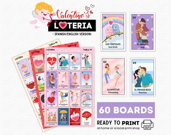 Loteria do Dia dos Namorados, 60 cartelas para imprimir, Bingo Bilíngue do Amor para o Dia das Amigas