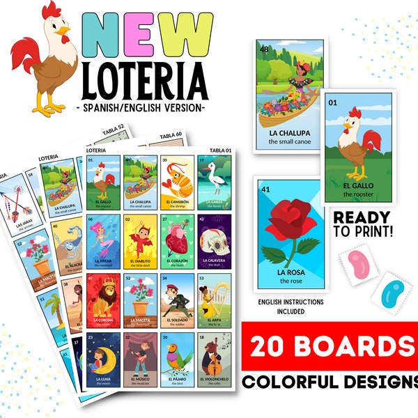 New Mexican Loteria, 20 Boards, Mexican Bingo, Bilingual Loteria, Mexican Theme Party, Kid Friendly, Cinco de Mayo, Día de la Independencia