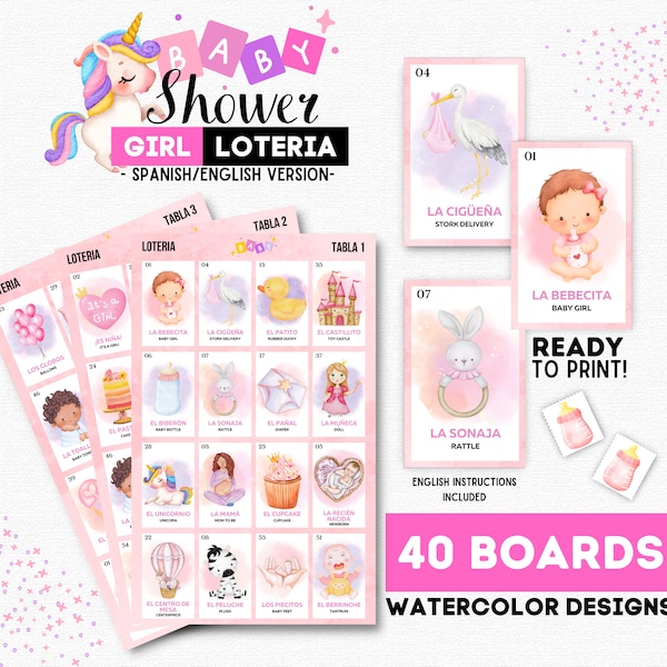 Girl Baby Shower Loteria, Girl Loteria Baby Shower Niña, 40 Unique Boards, Baby Girl Bingo, Printable Tokens. Instant Printable Download!