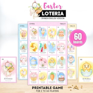 Easter Bunny Loteria Game, Bilingual Spring Easter Bingo for Kids & Classroom, 60 Printable Boards image 1