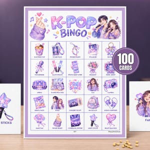 Peut inclure: Une feuille de jeu K-Pop Bingo avec un thème violet et des illustrations de bâtons lumineux, de billets de concert et de fans. La grille centrale contient 25 cases avec diverses icônes et étiquettes. Un badge circulaire indique 100 cartes incluses.