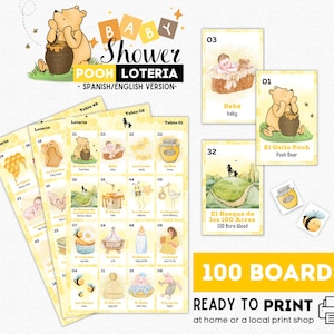 Lotería para baby shower neutral, bingo de osito Pooh, 100 tableros, 54 tarjetas de presentación, fichas, ideal para fiesta de revelación de género, Winnie Pooh