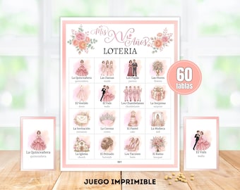 Loterie Mis XV Anos Rosa • Quinceañora Bingo Bilingue • 60 Tablas Imprimibles PDF