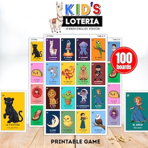 May include: A colorful Kid's Loteria game set with 100 boards. The game features illustrated cards with Spanish and English text. The cards display various images, including animals, objects, and characters, with the words "Printable Game" at the bottom.