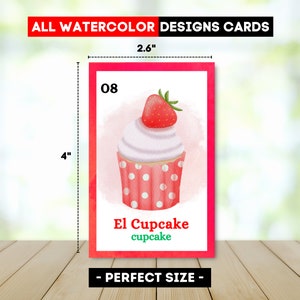 May include: A watercolor illustration of a cupcake with a strawberry on top. The cupcake is pink and white with white polka dots. The background is a light pink watercolor wash. The card is 2.6 inches wide and 4 inches tall. The text on the card reads "08 El Cupcake cupcake".