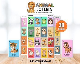 Kinder Tier Loteria Spiel, zweisprachige Lieblingstiere Bingo, 30 druckbare Tafeln