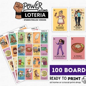 Bilingual Latino Heritage Loteria, Hispanic Culture Bingo Game, Multicultural Party Activity, 100 Boards