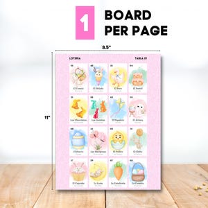May include: A pink 8.5" x 11" Loteria game board with 15 illustrated cards. Each card features a watercolor image and Spanish text. The board is labeled "Tabla 01" and "Board Per Page".