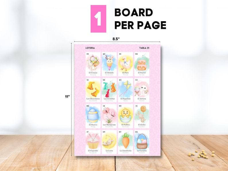 May include: A pink 8.5" x 11" Loteria game board with 15 illustrated cards. Each card features a watercolor image and Spanish text. The board is labeled "Tabla 01" and "Board Per Page".