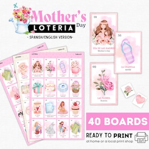 Lotería del Día de la Madre, Lotería Día de las Madres, 40 tableros, 54 tarjetas de llamada, fichas imprimibles, ¡perfectas para el Día de la Madre, descarga instantánea!