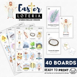 Loteria de Páscoa, 40 tabuleiros, 54 cartões telefônicos, fichas para impressão, para atividades da Semana Santa da Igreja, Pascua Loteria, Primera Comunión