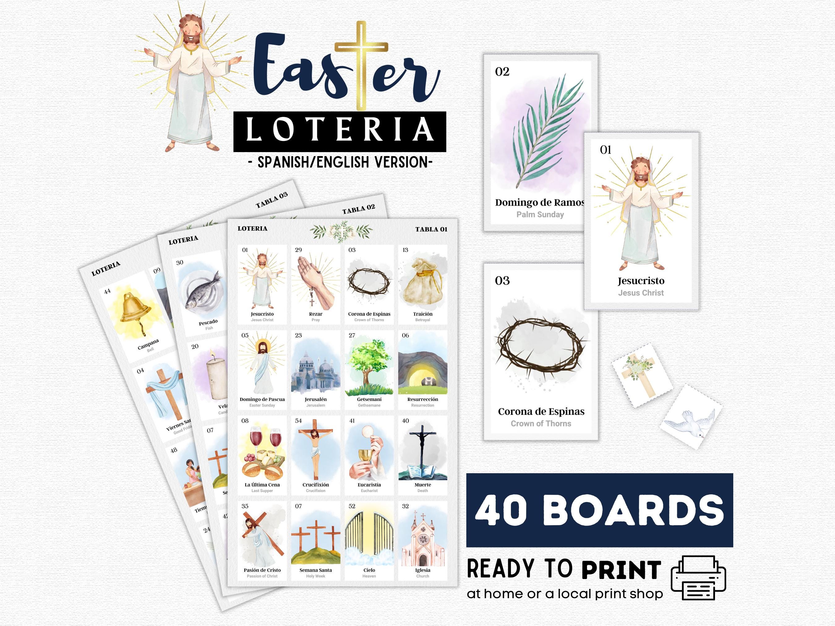 Easter Loteria, 40 Boards, 54 Calling Cards, Printable Tokens, For Church Holy Week Activity, Pascua Loteria, Primera Comunión