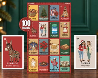 May include: A Loteria game board titled Tabla 01 featuring 16 illustrated squares with holiday themes, including El Ponche, El Arbol Navideno, El Chisme, and El Vaporru. Two individual game cards, El Burrito and El Chisme, flank the main board.