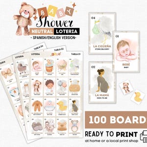 Lotería de Baby Shower Neutral, 100 Tableros, 54 Cartones, Fichas, Bingo Marrón para Baby Shower, Fiesta de Revelación de Género, Lotería de Osito, Descarga Instantánea