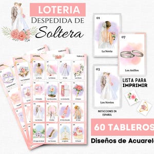 Loteria Despedida de Soltera, 60 Tableros Imprimibles, 54 Cartas Con Diseños de Boda, Bingo Despedida de Soltera, Descarga Inmediata