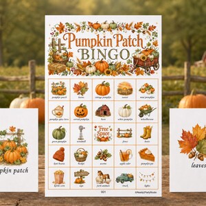 May include: A Pumpkin Patch Bingo game card featuring a grid of autumn-themed illustrations including pumpkins, leaves, and farm items. Two smaller cards are included, one showing a pumpkin patch and the other showing a cluster of colorful fall leaves.