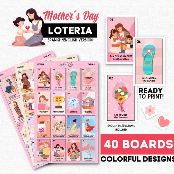 Moederdag Loteria, Loteria Dia de las Madres, 40 borden, 48 telefoonkaarten, perfect voor Moederdag, direct downloaden!