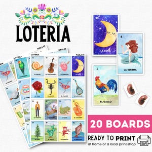 Watercolor Mexican Loteria, Mexican Theme Party Bingo Set, Mexican Birthday, Taco Party, Día de la Independencia, Cinco de Mayo, 20 Boards