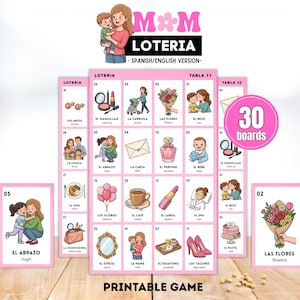 Könnte beinhalten: Ein druckbares Loteria-Spiel in Rosa und Weiß mit 30 Spielbrettern. Das Spiel enthält illustrierte Karten mit spanischem und englischem Text. Die Karten zeigen Bilder wie Blumen, Parfüm und eine Mutter und ihr Kind.