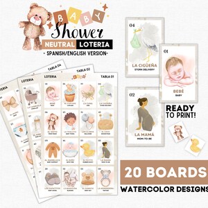 Lotería Neutral Baby Shower, 20 Tableros, 54 Cartas, Fichas, Bingo Marrón Baby Shower, Fiesta de Revelación de Género, Loteria Baby Bear, Descarga Instantánea