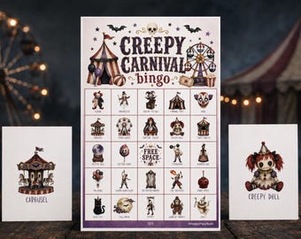 Gruseliges Karnevalsbingo, 100 druckbare Karten, Halloween-Zirkus-Partyspiel