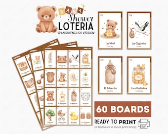 Bär-Babyparty-Loteria, braunes Babygeschlecht enthüllen Bingo-Spiel, 60 bedruckbare Bretter