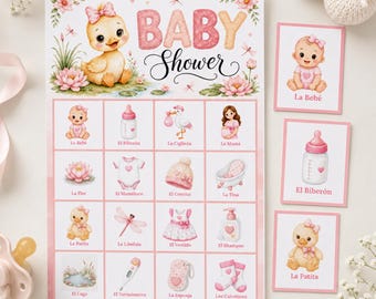 Loteria für die Babyparty eines Mädchens, 100 ausdruckbare Spielbretter, Spanisches Enten-Bingo, Rosa Partyspiel