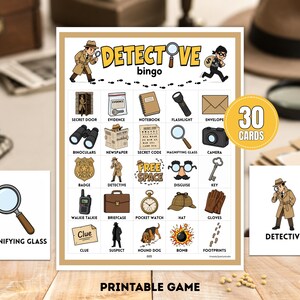 Może przedstawiać: Gra w Bingo Detektyw z ilustracjami przedmiotów o tematyce detektywistycznej, takich jak lupa, lornetka i teczka. Gra zawiera 30 kart i jest oznaczona jako gra do wydrukowania.