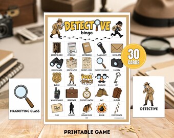Detektiv Bingo • 30 Druckkarten • Spionage Party Spiel • Geheimagenten Aktivitäten