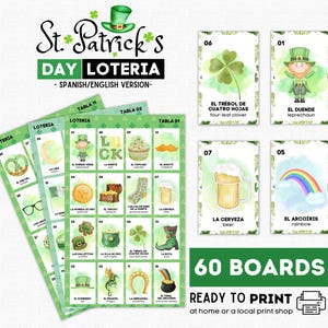 May include: St. Patrick's Day Lotería game set with 60 boards, featuring Spanish and English text. The cards display images of a leprechaun, four-leaf clover, beer, and a rainbow. The set is ready to print.
