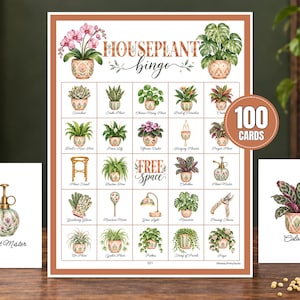 Peut inclure: Un jeu de bingo sur le thème des plantes d'intérieur comprenant une grande grille de 25 cases avec des illustrations à l'aquarelle de plantes et d'outils de jardinage, le texte Houseplant Bingo, 100 Cards, et deux cartes illustrant un vaporisateur et un Calathea.