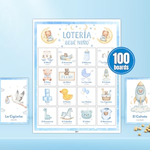 Tvåspråkig babyshower-lotteri för pojkar • 100 utskrivbara brädor • Babybjörnsbingo
