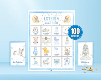 Bilingual Boy Baby Shower Loteria • 100 Printable Boards • Baby Bear Bingo