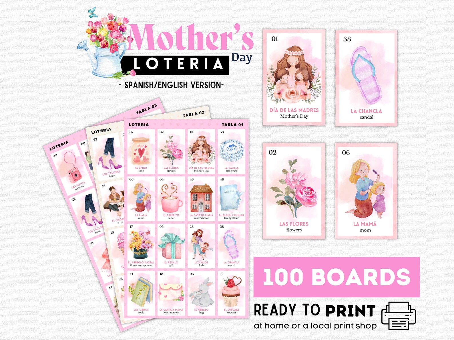 Loteria Rosa Lotería rosa para el Día de la Madre, 100 tableros imprimibles, Bingo ...
