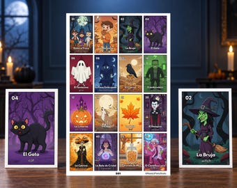 Könnte beinhalten: Eine Sammlung von Halloween-Karten mit Cartoon-Illustrationen von Figuren wie einer Hexe, einem Geist, einem Vampir und einer schwarzen Katze. Jede Karte zeigt eine Nummer, einen spanischen Titel und eine englische Übersetzung, darunter Bezeichnungen wie El Gato, La Bruja und El Fantasma.