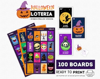 Lotería de Halloween, 100 tableros, colorido juego de bingo espeluznante bilingüe (descarga digital)