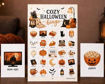 Gemütliches Halloween-Bingo, 100 druckbare Karten, Gruseliges Filmabend-Partyspiel