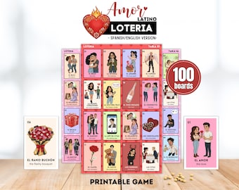 Loteria do Amor, Bingo Bilíngue Multicultural Amor Latino para o Dia dos Namorados, Jogo para Noite de Despedida de Solteira, 100 Cartelas