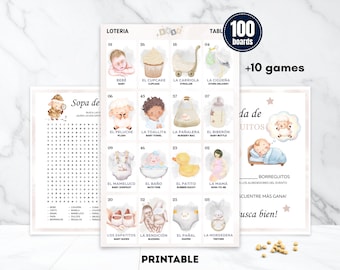 Neutrale Babyparty Loteria Borreguitos + 10 Spanische Spiele, zweisprachiges Bingo, 100 Bretter