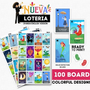 Nueva Loteria Mexicana, 100 planches, New Mexican Loteria 2e édition, nouveau jeu de bingo mexicain, Cinco de Mayo, soirée à thème mexicaine, imprimable