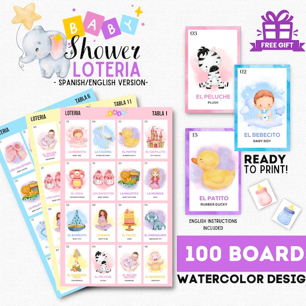 Baby Shower Loteria, 100 Unique Boards, 56 Calling Cards, Mexican Baby Shower Bingo, Printable Tokens, Perfect For Gender Reveal Party
