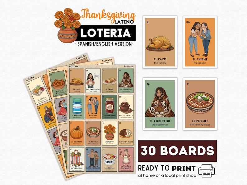 Thanksgiving Latino Loteria, 30 Printable Boards, Multicultural