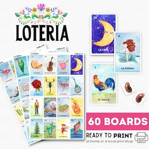 Watercolor Mexican Loteria, Mexican Theme Party Bingo Set, Mexican Birthday, Taco Party, Día de la Independencia, Cinco de Mayo, 60 Boards