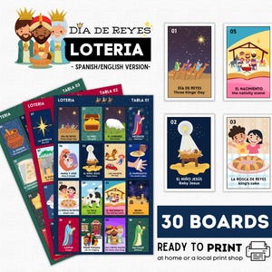 以下が含まれることがあります： 30枚のボードがセットになった、印刷可能なカラフルなDía de Reyes Loteriaゲーム。三賢王、降誕シーン、その他の関連画像がイラストで描かれています。「Spanish/English Version」の文字も表示されています。