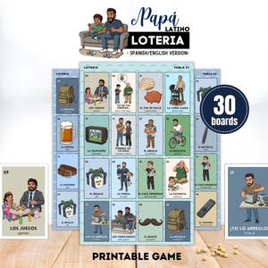Può includere: Un set di gioco stampabile Papá Latino Loteria con 30 tabelloni e carte illustrate. Ogni carta mostra un personaggio o un oggetto in stile cartoon con testo in spagnolo e inglese. Il tabellone centrale presenta una griglia con varie scene tra cui uno zaino, birra, una cintura, un regalo, un baffo e interazioni familiari, il tutto in uno stile grafico colorato.