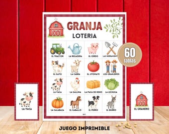 Lotería de Granja, Bingo Animales del Campo, 60 Tablas Imprimibles
