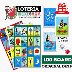 Mexikanisches Loteriaspiel, 100 Bretter, klassische Ausgabe Loteria Mexicana, mexikanische Bingo zweisprachige Loteria, Cinco de Mayo, mexikanische Unabhängigkeit